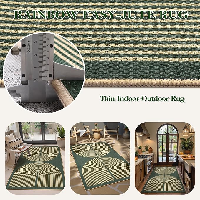 Lahome Enfys Modern Rainbow Easy Jute Entry Rug, 3x5 Washable Outdoor Patio Porch Rug, Farmhouse Non Slip Non Shedding Dark Green Carpet for Dorm Living Room Deck Front Door Kitchen