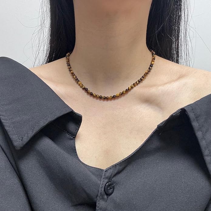 Kakikaki Natural Agate Choker Necklace Sterling Silver Round Beads Strand Necklace for Women