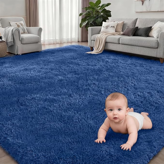 Fluffy Area Rugs 9x12 Living Room Bedroom: Ultra Soft Shag Rug Upgrade Non-Slip Non-Shedding Large Fuzzy Plush Carpet Indoor Floor Carpets for Kids Room Playroom Nursery Dorms Home Decor Blue