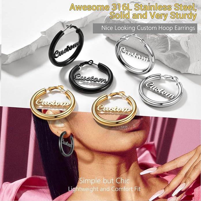 Stainless Steel Chunky Hoop Earrings For Women, Minimalist and Chic, Black/Gold Plated, Round Hoops Earrings Hypoallergenic, Size: 30mm/40mm/60mm/80mm, Come with Box
