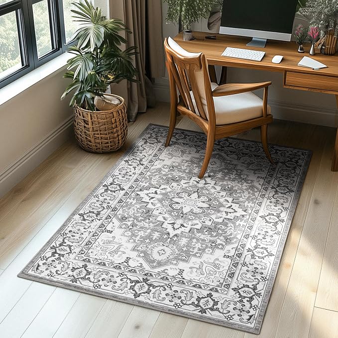 Lessymo 3 x 5 Area Rugs for Living Room- Machine Washable Area Rugs Boho Faux Wool Low Pile Area Rug for Bedroom Floral Medallion Vintage Rugs with Non-Slip Rubber, Kid & Pet Friendly,Grey Beige