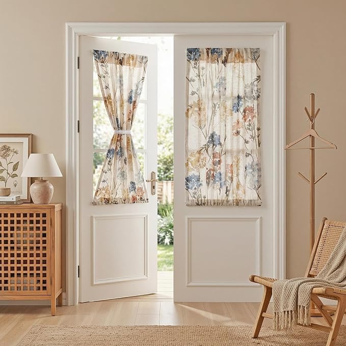 MYSKY HOME Floral Linen French Door Curtains 40 inch Long Set of 2 for Front Door - Light Filtering Privacy Semi Sheer Window Curtains with Rod Pocket, Yellow, 24" W Each Panel
