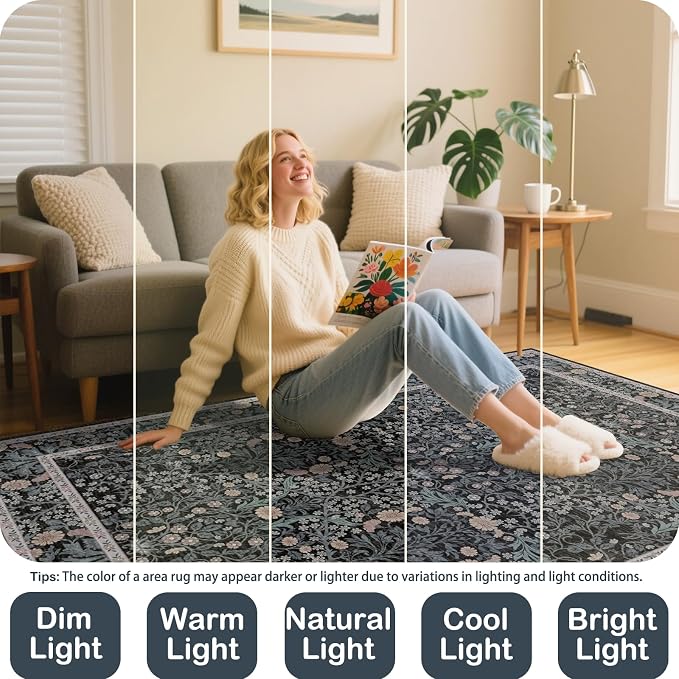 Area Rug for Living Room, 10x12 Large Washable Rugs for Dining Room, Bedroom, Non Slip Stain Resistant Carpet, Low Pile Vintage Floral Rug (Black)
