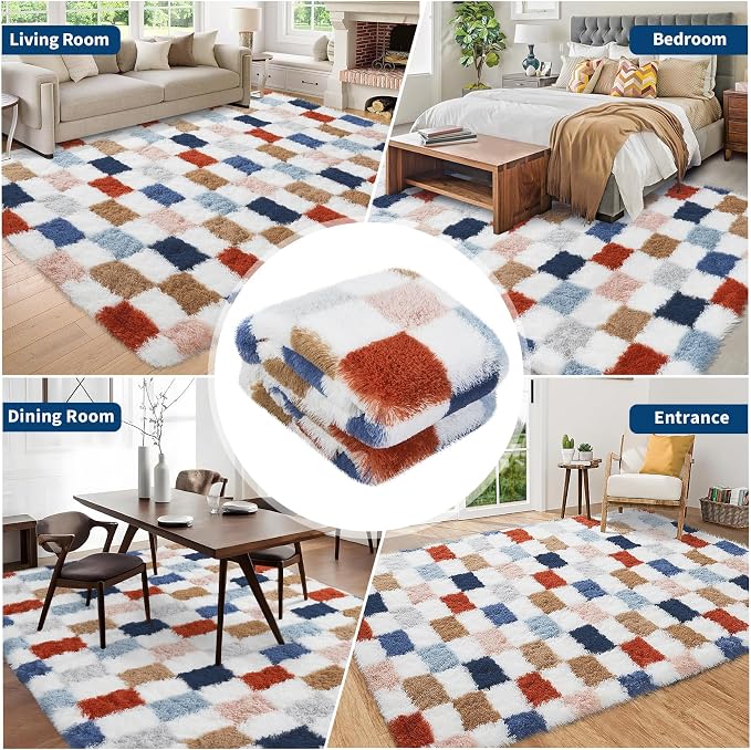 Garvee Washable Checkered Rug 5x8 Plush Fuzzy Rugs for Bedroom Thick Shaggy Rug Clearance,Rainbow Modern Shag Rug Super Soft Indoor Fuzzy Carpet Non-Slip Plush Rugs for Dorm Home Aesthetic Decor