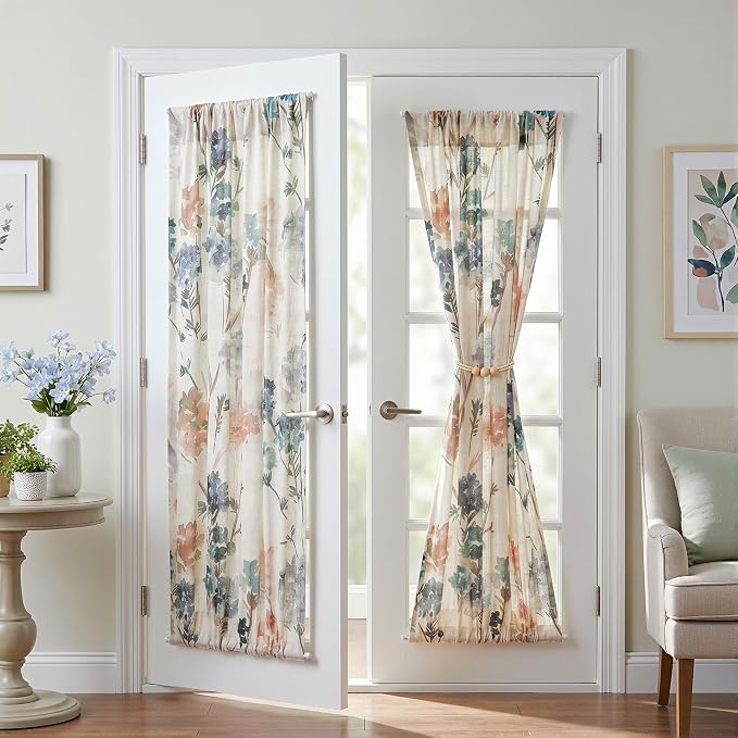 MYSKY HOME Floral Linen French Door Curtains 72 inch Long 2 Panels for Front Door Light Filtering Privacy Semi Sheer Window Curtains with Rod Pocket, Brown, 24" W Each Panel