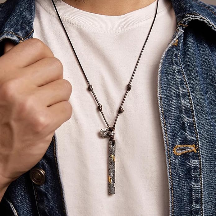 Mens Personalized Bar Pendant Wax Rope Necklace | Handmade Engravable Charm Braided Leather Cord Adjustable Necklace Jewelry Gift for Dad Husband Boyfriend