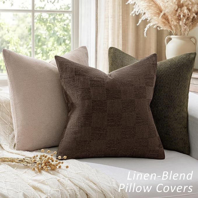 a moment Set of 2 Decorative Linen Throw Pillow Covers,Large Grid Textured Neutral Boho Farmhouse Cushion Covers,Soft Aesthetic Pillowcases for Couch Sofa Living Room Home Decor,22x22 Inch,Dark Brown