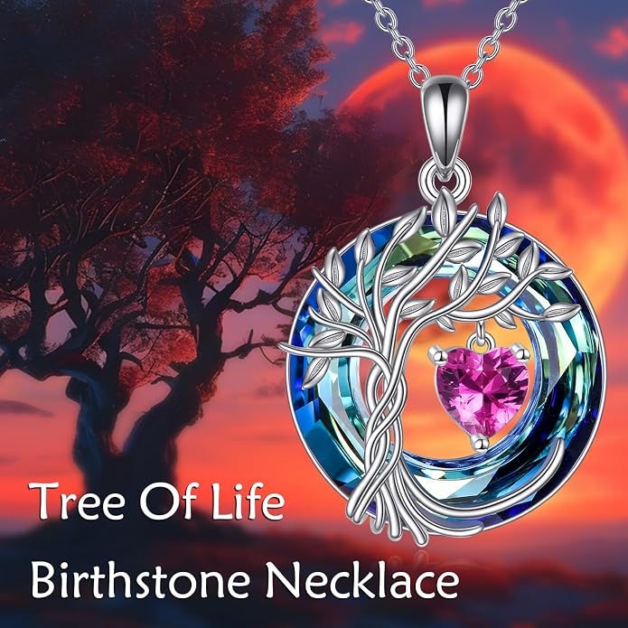 POPLYKE Mothers Day Gifts for Mom Her Wife Tree of Life Necklace 925 Sterling Silver Birthstone Pendant with Crystal Anniversary Birthday Wedding Jewelry for Women