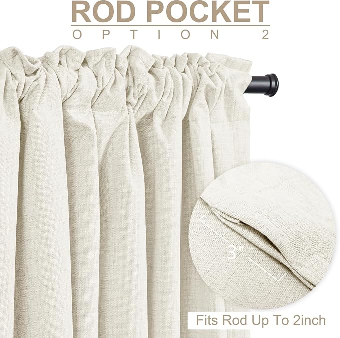 100% Blackout Shield Linen Blackout Curtains for Bedroom 108 Inches Long, Back Tab/Rod Pocket Living Room Drapes, Thermal Insulated Blackout Curtains 2 Panels Set, 50" W x 108" L, Beige White