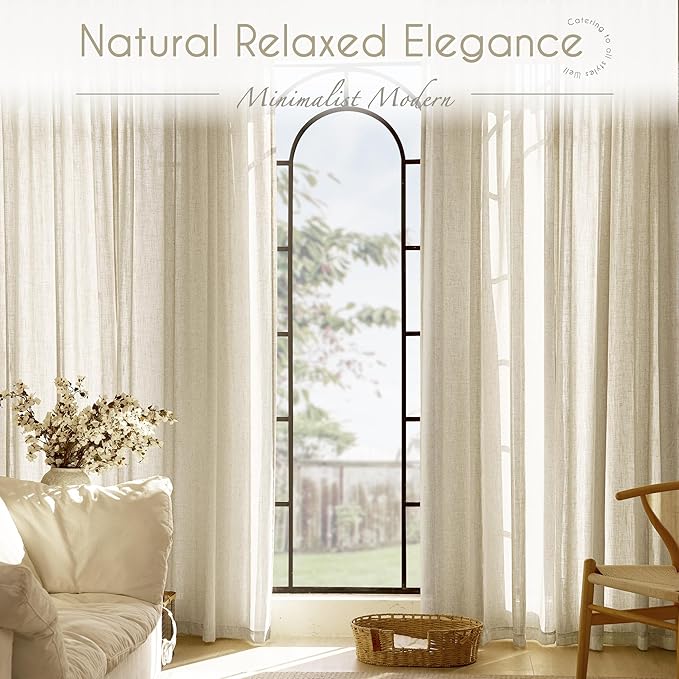 Faux Linen Beige Curtains 84 Inches Long for Living Room Rustic Farmhouse Semi Sheer Drapes Set of 2 Panels 52x84 Khaki Tan