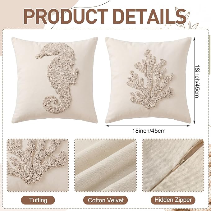 4 Pcs Coastal Beach Pillow Covers 18x18 Starfish Seahorse Coral Sand Dollar Embroidery Nautical Throw Pillow Covers Cushion Cases for Bedroom Sofa Ocean Summer Theme Holiday Home Decoration