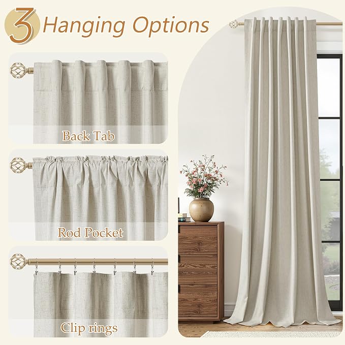 Guken 100% Blackout Linen Curtains for Bedroom 96 inches Long, Thermal Insulated Room Darkening Black Out Drapes for Living Room, Back Tab Rod Pocket 2 Panels Set,Eggshell Beige,52x96