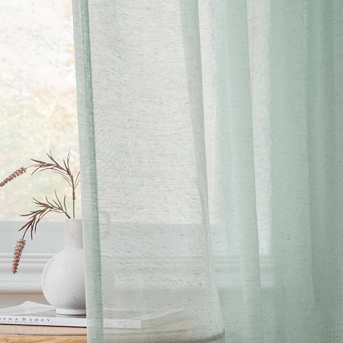 FMFUNCTEX Grey Flax Linen Sheer Curtains 63 Inch Long Rod Pocket 2 Panels | Semi Sheer Window Drapes Grey for Bedroom and Living Room, Farmhouse French Window Curtain Privacy