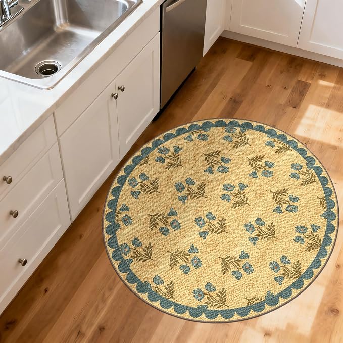 3ft Entryway Round Rug - 3x3 Small Washable Floral Boho Farmhouse Scalloped Round Bedroom Rug Non Slip Front Door Mat Indoor Stain Resistant Jute-Look Circle Rugs for Bedroom Entryway Kitchen