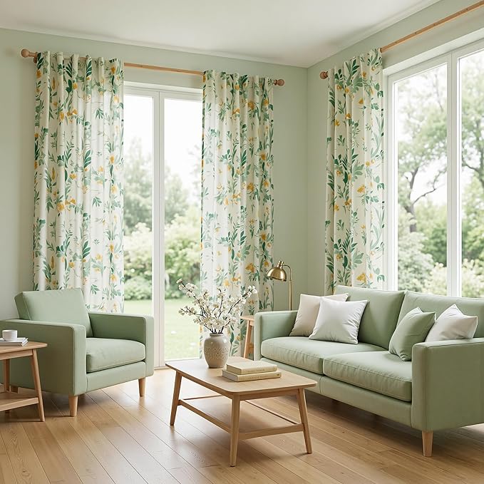 MYSKY HOME Linen Floral Curtains 63 inches Long 2 Panels Set for Bedroom, Sage Green Curtains Light Filtering Privacy Protect Farmhouse Style Decorative Drapes Back Tab for Home, 50" Wide Each Panel