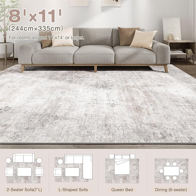 Abstract 8x11 Area Rug: Machine Washable Non Slip Ultra Thin Low-Pile Carpet, Soft Stain Resistant for Living Dining Room Bedroom, Kid Pet Friendly, Robot Vacuum Compatible - Brown Grey