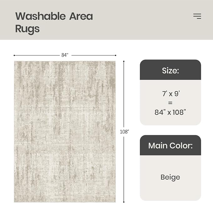 Valenrug Washable Rug 7x9 - Stain Resistant 7x9 Entryway Area Rugs for Living Room, Non Slip Backing Printed Rugs for Bedroom, Folable Area Rug(7'x9', Beige)
