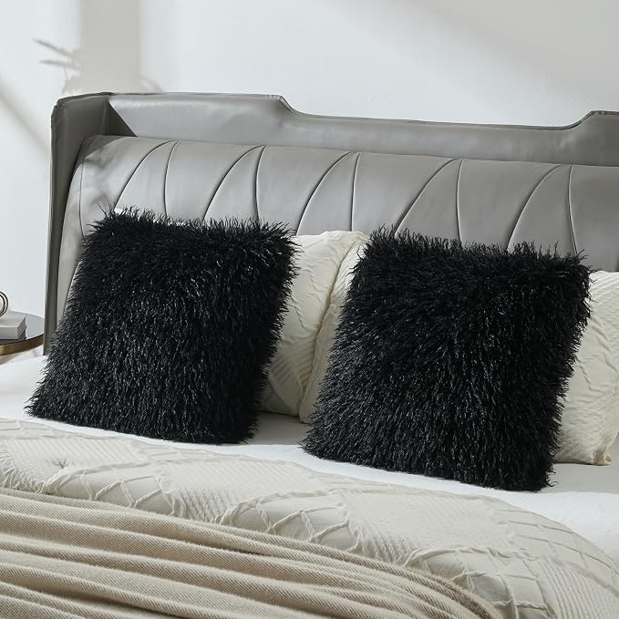 FUTEI Pack of 2 Shaggy Mongolian Faux Wool Throw Pillow Covers 18x18 Inch Soft Fluffy Farmhouse Decorative Cushion Case for Couch Bed Living Room, Black