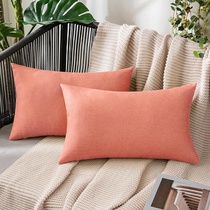 MIULEE Pack of 2 Decorative Outdoor Solid Waterproof Throw Pillow Covers Spring Valentine Faux Linen Garden Farmhouse Cushion Cases for Patio Tent Balcony Couch Sofa 20x12 Inch Blush Pink