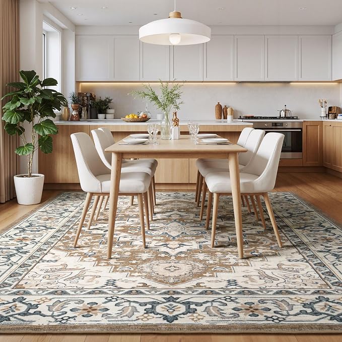 Lessymo Area Rugs 10 x 14 for Living Room, Machine Washable Area Rugs Boho Faux Wool Low Pile Area Rug for Bedroom, Floral Medallion Vintage Rugs with Non-Slip Rubber, Kid & Pet Friendly,Brown Beige