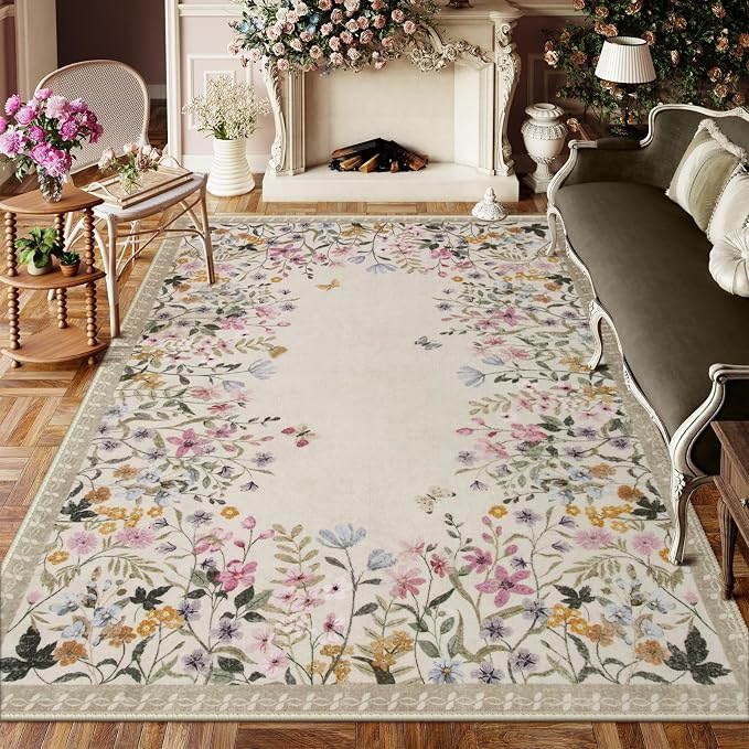 Wonnitar 6x9 Washable Area Rug, Boho Floral Rug for Living Room, Soft Rug for Bedroom, Non Slip Low Pile Nursery Carpet, Beige Farmhouse Dining Room Decor (6x9 Beige)