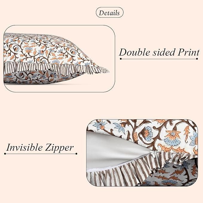 Ridhi Brown Meadow Vine Block Print Ruffle Throw Pillow Cover 24" x 24" (Pack of 2) Decorative Cushion Covers with Ruffle for Couch, Sofa, Bed, Living Room, Home Decor Gift for Spring, Mother's Day
