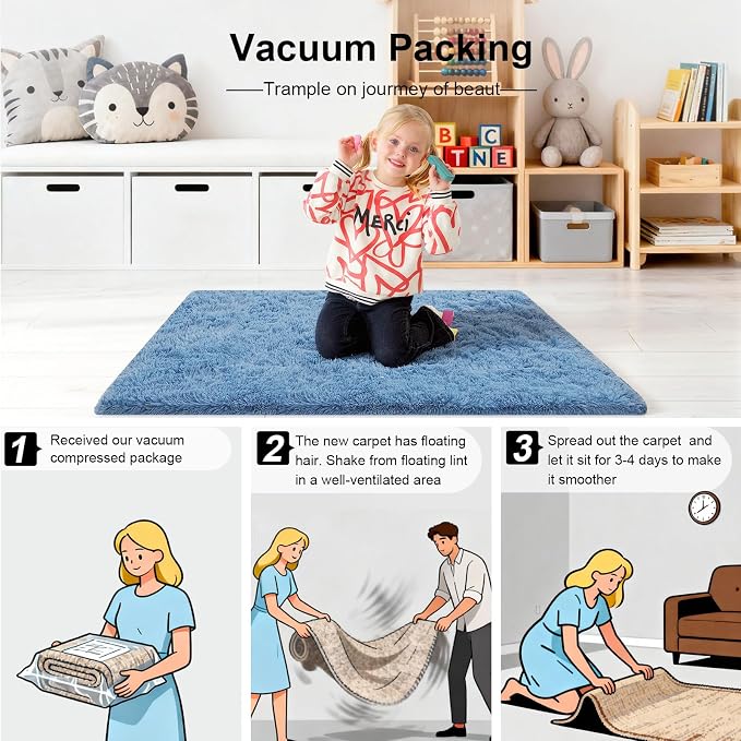 Area Rugs 9x12 Living Room, Large Fluffy Blue Rugs for Bedroom, Fuzzy Shag Soft Non-Slip Carpet for Kids Girls and Boys Nursery Dorm Indoor Room Home Decor (9ft X 12ft, Blue)