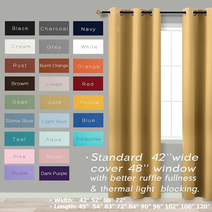 KOUFALL Sun Light Gold Curtains 42x72 Inches Long for Dining Room 2 Panels Blackout Room Darkening Curtain for Bedroom