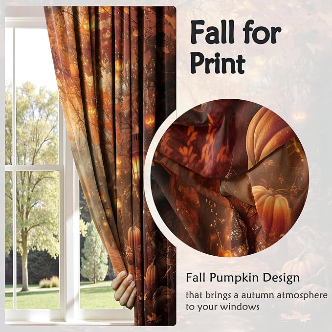 Halloween Forest Window Curtains 52 x 63 in, Pumpkin Lantern Autumn Path Drapes, Fall Woodland Curtains for Living Room Bedroom