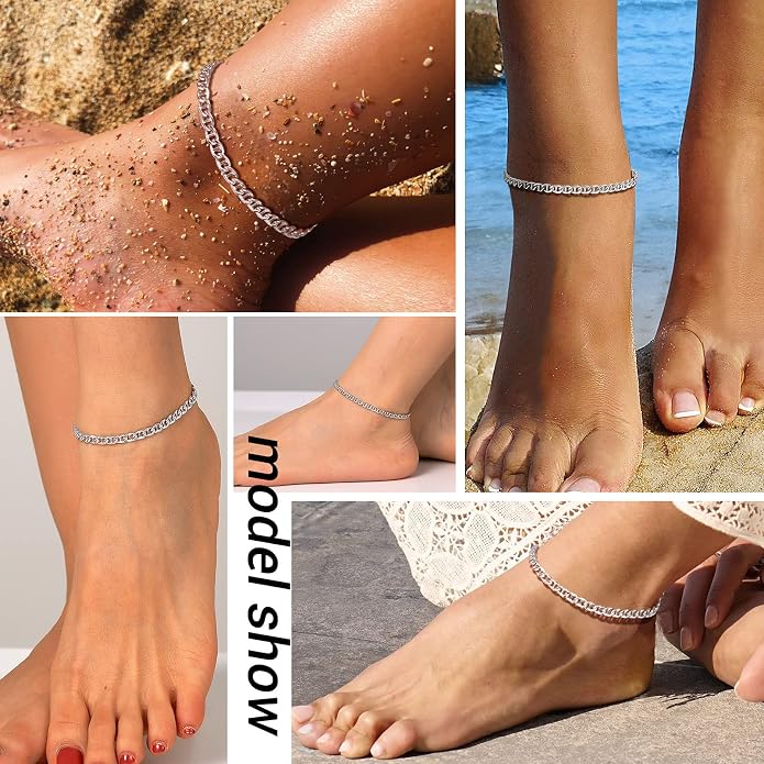 PROSILVER 925 Sterling Silver Ankle Bracelets For Women, Stylish Chain Anklets, Summer Beach Jewelry, 8.6-10.6 Inch Adjustable, Come with Box