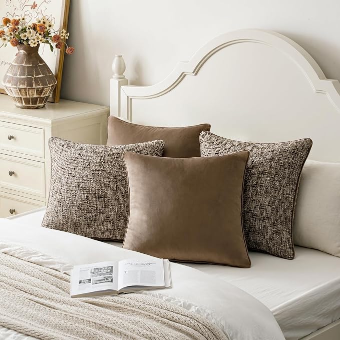 a moment Brown 4 Pack Throw Pillow Covers - Chenille & Velvet Set with Piping, Farmhouse Textured Design Pillow Cases for Couch Sofa Bed Livingroom (16x16 Inch, No Insert)