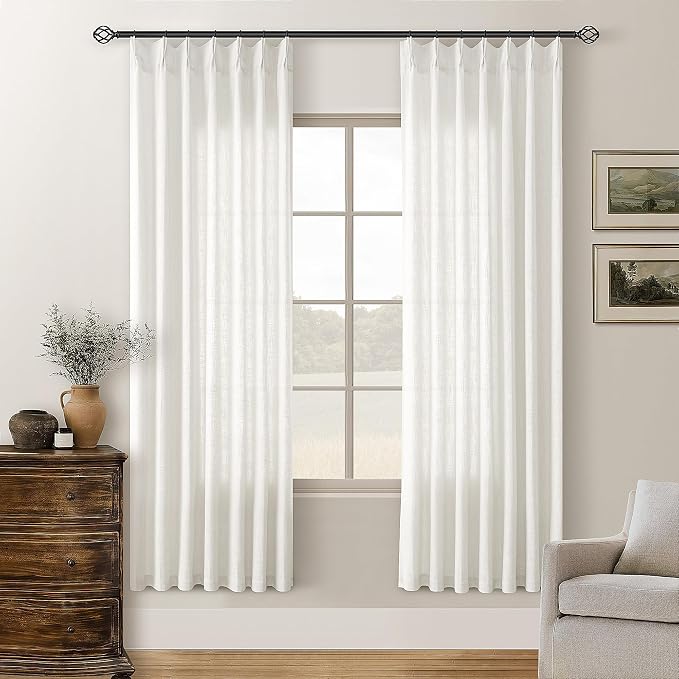Beige White 72 Inch Pinch Pleated Linen Semi Sheer Curtains 2 Panels 40x72 | Memory Shape Trained, for Living Room Bedroom Cabin Closet, 400GSM Linen Textured, Pinch Pleat with Hooks Rings Back Tab