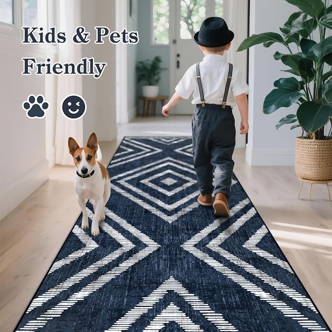 4x10Ft Boho Rug Runners for Hallway Non Slip, Geometric Washable Kitchen Runner Rugs, Navy Blue Soft Wide Modern Farmhouse Entryway Floor Carpets for Entrance Doorway Bedroom Home Decor