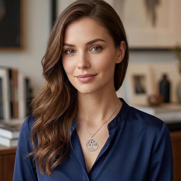 ONEFINITY Tree of Life Necklace 18k White Gold Plated Tree of Life Birthstone Pendant Necklace Birthstone Jewelry Anniversary Birthday Gifts for Women Men
