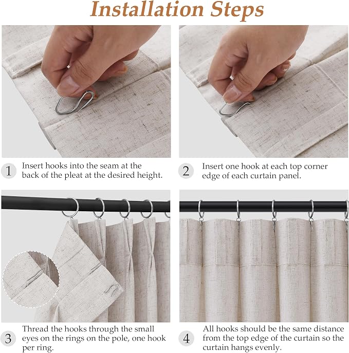 Cream Linen Pinch Pleated Curtains 102 Inches for Living Room Semi Sheer Privacy Rod Pocket Window Curtain 2 Panels Set for Dining Room Bedroom Natural Modern Farmhouse Drapes, 40 Inch x 102 Inch