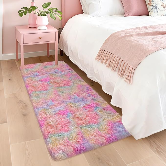 2x5 Feet Tie-Dye Rainbow Unicorn Rug for Girls Bedroom, Ultra Soft Shag Fluffy Runner for Bedroom, Colorful Area Carpet for Kids Room, Living Room, Kawaii Nursery Decor