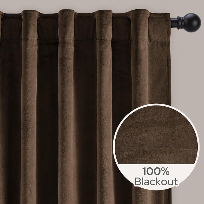 HOMEIDEAS 100% Blackout Brown Velvet Curtains, Thermal Noise Reduction Soft Luxury Vintage Christmas Velvet Curtains for Bedroom Decor, Living Room, Home, 52 X 108 Inch, 2 Panels