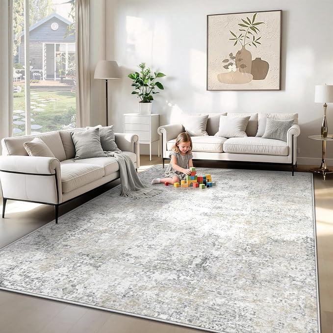 XLUEZ 6x9 Area Rugs for Living Room, Washable Modern Abstract Large Area Rug Neutral Soft Non Slip Kids Rug Stain Resistant Indoor Carpet for Bedroom Nursery Dining Room Playroom(BeigeGrey, 6'x9')