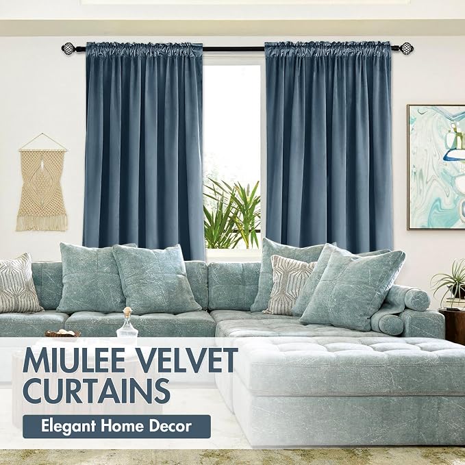 MIULEE Dark Slate Blackout Velvet Curtains Drapes 84 Inch Long 52"x84" | Luxurious Bedroom Living Room Decor, Room Darkening, Thermal Insulated, Rod Pocket Design, Super Soft Fabric