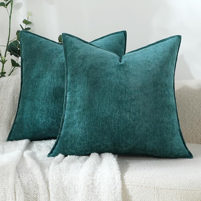 Stellhome Soft Chenille Decorative Pillow Covers 20x20 Inch Natural Teal Boho Farmhouse Neutral Couch Throw Pillows for Bed Sofa Livingroom Pack of 2 Accent Modern Pillowcase Home Decor