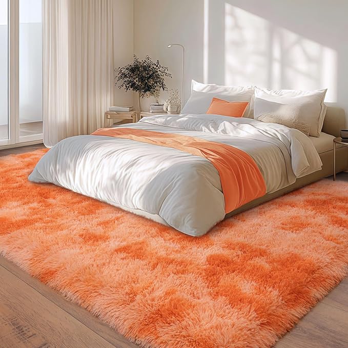 8x10 Large Area Rugs for Living Room, Tie-Dyed Orange Fluffy Rug | Soft Fluffy Shag Rug, Big Fuzzy Carpet for Bedroom Nursery Kids Girls Boys Room Dorm Home Decor Aesthetic, Upgrade Non Slip