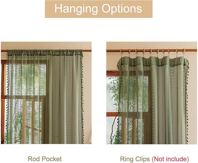 Sutuo Home Olive Green Boho Lace Sheer Curtains, Farmhouse Crochet Privacy Vintage Bohemian Tassels Retro Christmas Decor Window Curtains for Living Room Bedroom Rod Pocket,2 Panels 50" x 102"