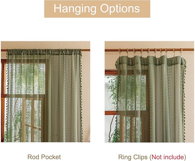Sutuo Home Olive Green Boho Lace Curtains 84 Inches Long for Living Room&Bedroom, Bohemian Sheer Crochet Farmhouse Vintage Tassels Retro Christmas Privacy Window Curtains Rod Pocket,2 Panels 50" W