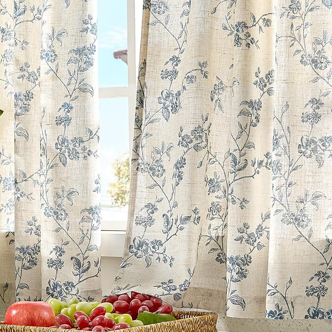 Lazzzy Elisa Floral Kitchen Curtains 24 Inch Linen Cafe Curtains Farmhouse Half Window Drapes Over Sink Light Filtering for Small Windows Rod Pocket Back Tab 2 Panels Blue on Beige