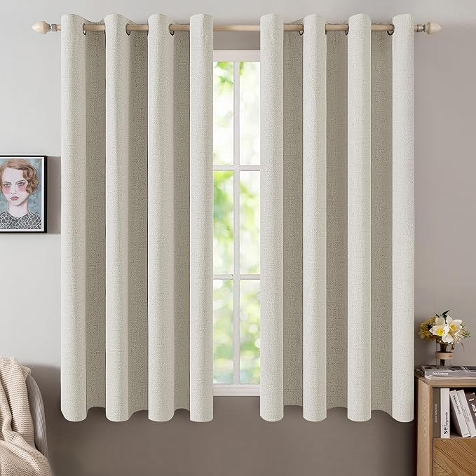 MIULEE Linen Texture Curtains for Bedroom Light Cream 100% Blackout Thermal Insulated Linen Curtains Grommet Room Darkening Drapes for Living Room 52x45 Inch (2 Panels)