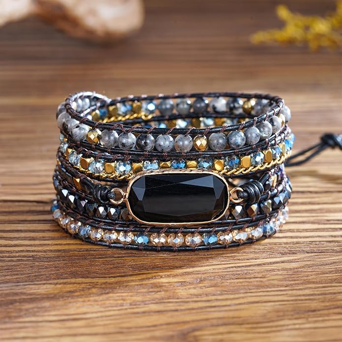 Plumiss Women Boho Handmade Natural Stone Crystal Leather Bead Wrap Bracelets Collection