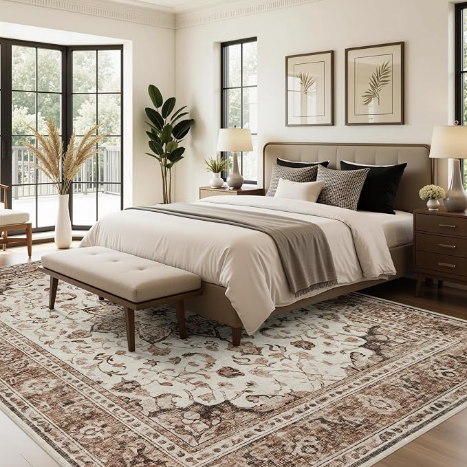 Joydeco 5x7 Area Rugs for Living Room, Non Slip Machine Washable Vintage Rug, Low Pile Chenille Print Rugs for Bedroom, Dining Room, Home Office, Pet & Child Friendly, Beige & Blue & Reddish-Brown