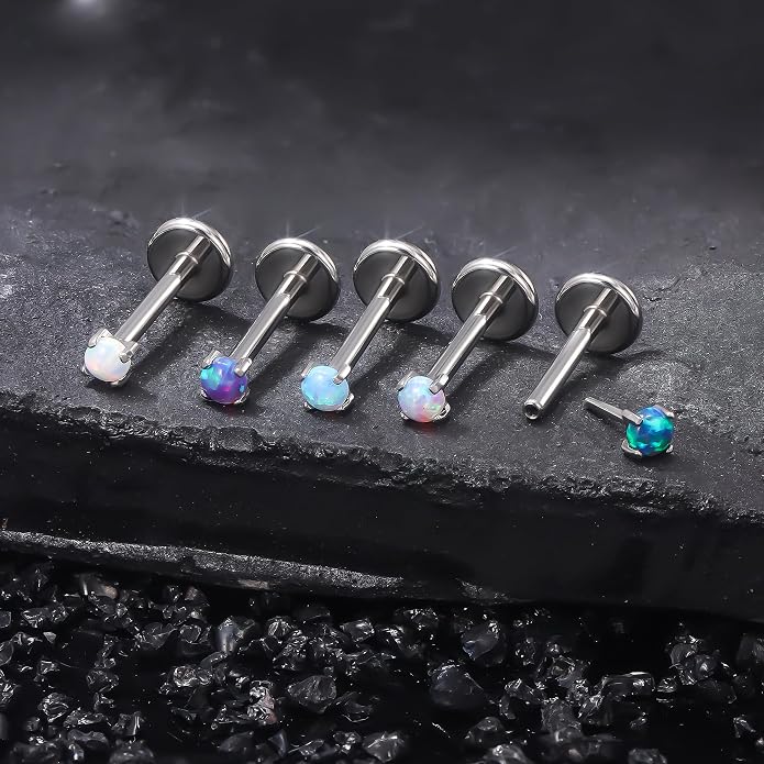 Ruifan Titanium Flat Back Lip Rings Threadless Push in Earrings Studs Nose Rings 20G 18G 16G Mix Colors Opal Tragus Cartilage Lobe Rook Helix Conch Labret Medusa Nostril Piercing Jewelry for Women Men