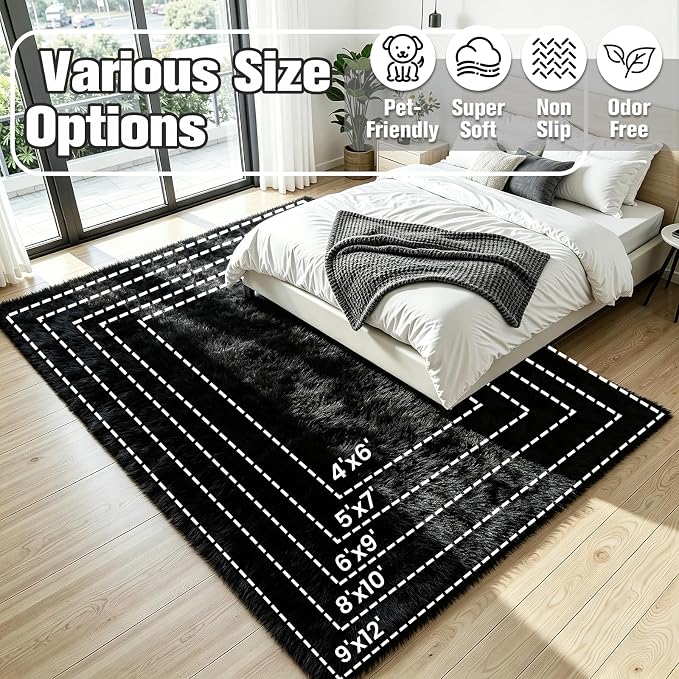 8x10 Area Rug for Living Room, Ultra Soft Fluffy Black Rugs for Bedroom, Non Slip Large Shag Carpet, Fuzzy Plush Nursery Rug, Thick Washable Indoor Floor Carpets for Kids Office Dorm Home Decor