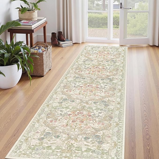 Sage Green Washable 2x8 Runner Rug for Bathroom, Hallway, Kitchen, Non-Slip & Stain Resistant 8ft Long Entryway Floor Rug, Retro Boho Floral Décor